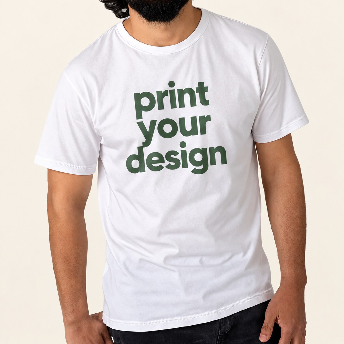 Model wearing a customizable T-shirt printed with print your design