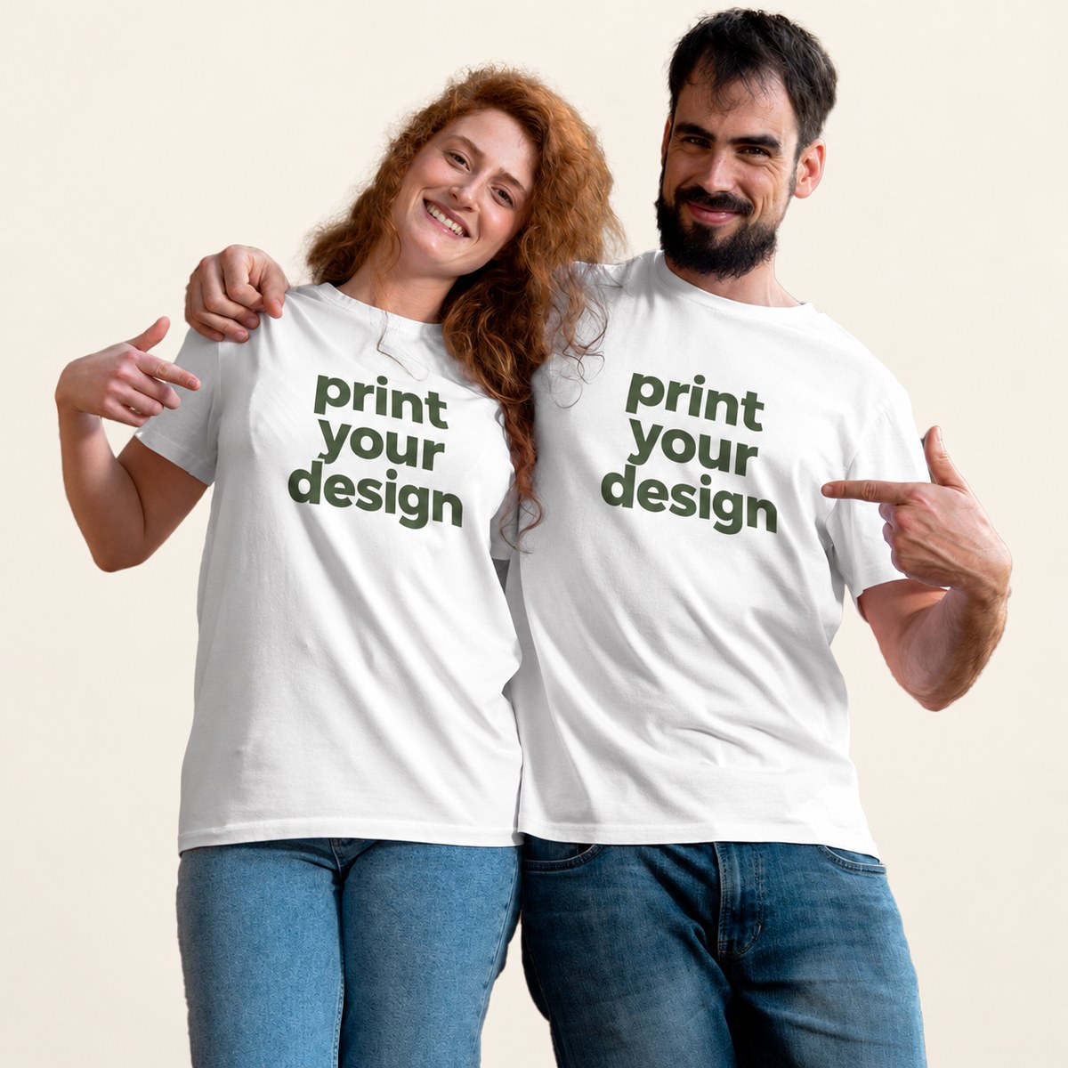 Two models wearing T-shirts printed with print your design