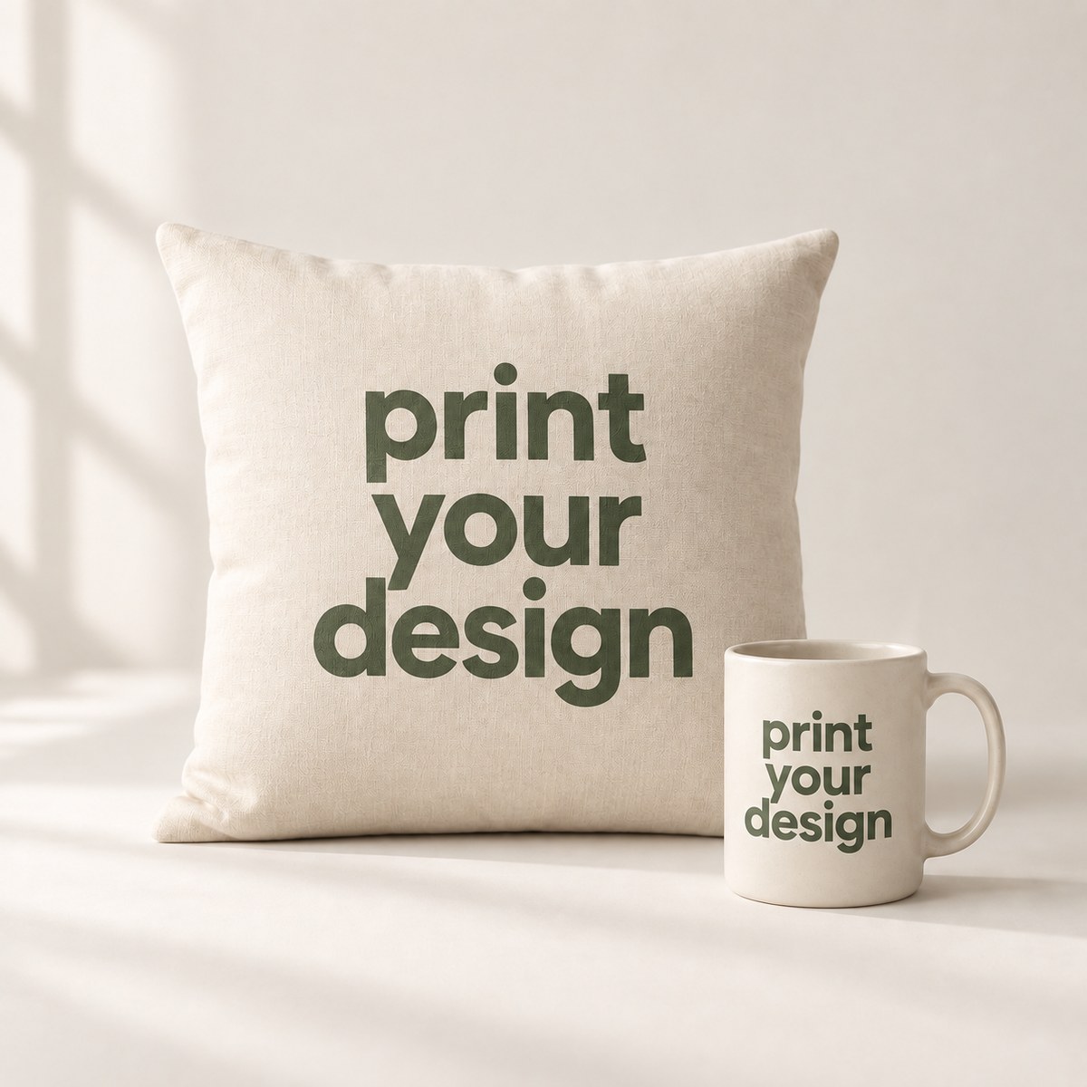 Customizable cushion and ceramic mug printed with print your design