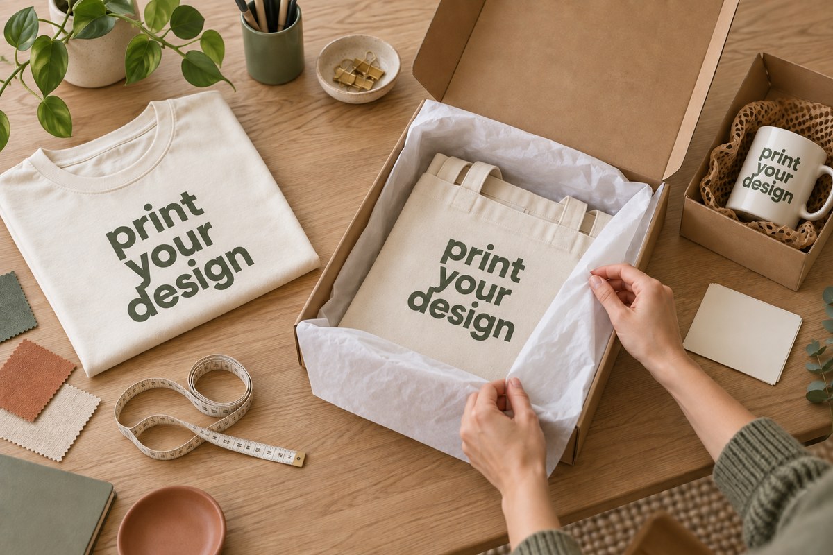 Illustrative quality and packing setup with printed products and protective packaging